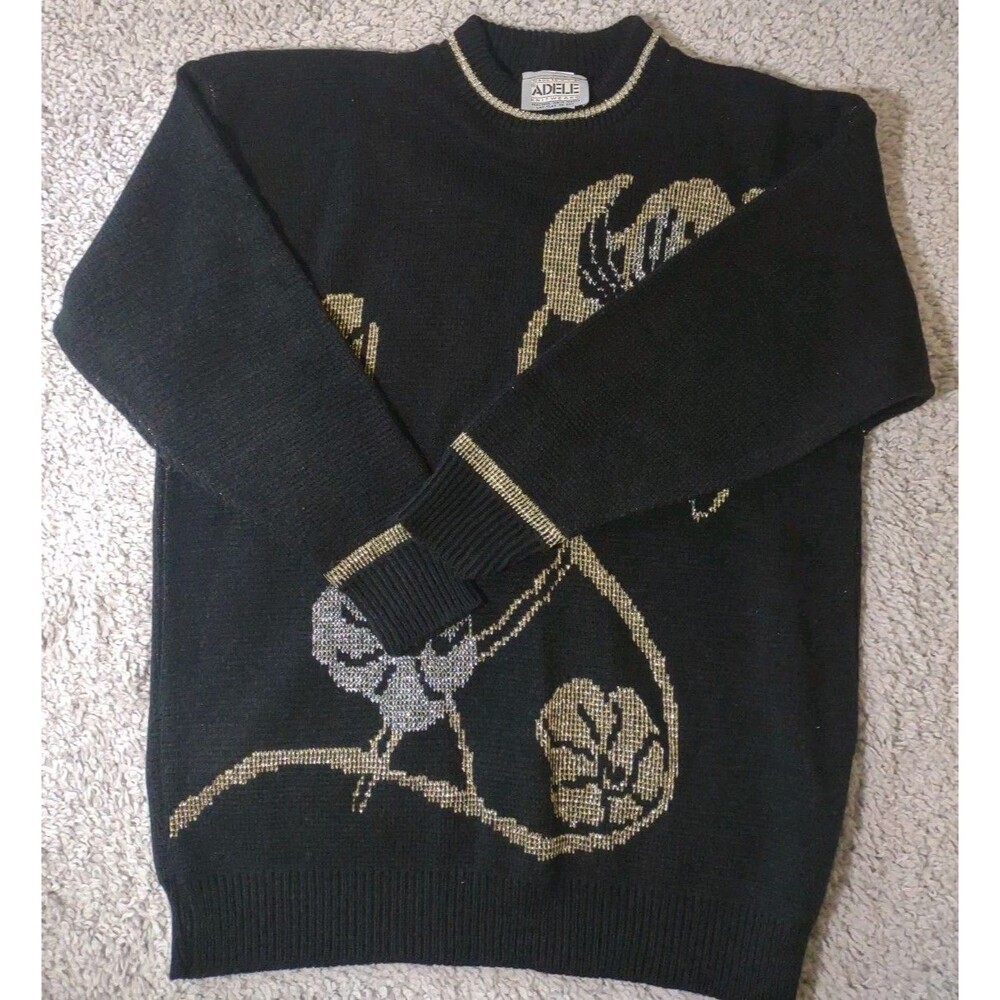 Vintage Adele Knitwear Black Gold Floral Embroidery Size M Made In USA
